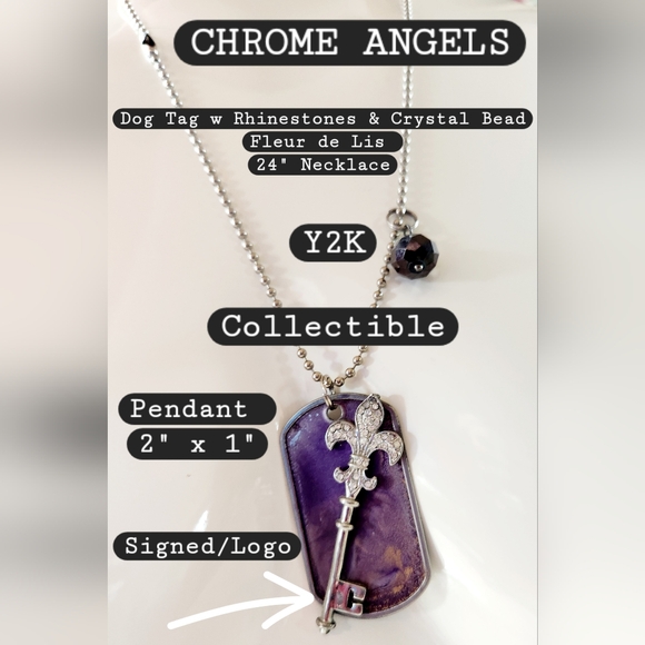 CHROME HEARTS Purple Pendant Rhinestones Fleur de Lis Silver Crystal Dog Tag 24" - Picture 3 of 16